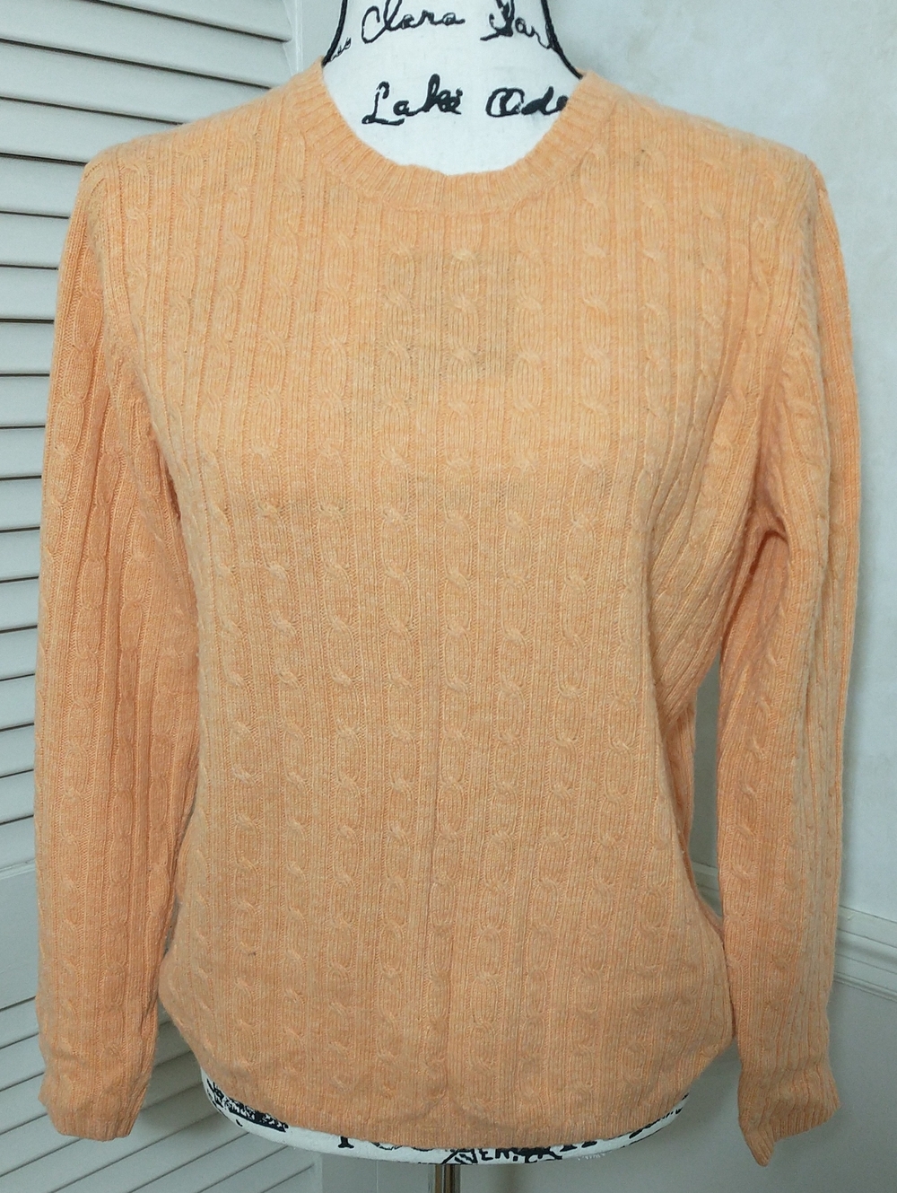 LL Bean Lambswool Orange Crew Neck Cable Knit Sweater, Size Medium, Cottage Core